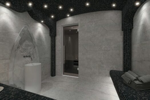 Modern Moroccan hammam spa interior with marble walls and soft lights, symbolizing Morocco’s wellness tradition