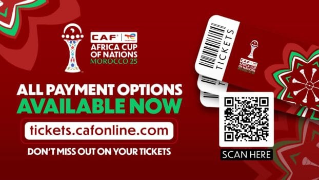 AFCON 2025 Morocco poster with CAF logo and ticket illustration