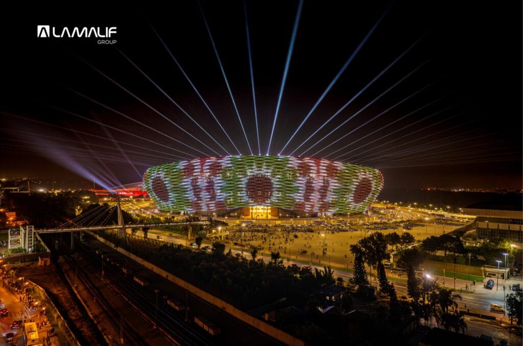 Panoramic night view of the Prince Moulay Abdellah Stadium in Rabat illuminated by Lamalif Group’s LED light show ahead of AFCON 2025