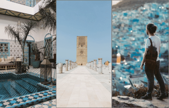 Collage of Moroccan destinations including Chefchaouen’s blue city, the Hassan Tower in Rabat, and a traditional riad courtyard, representing Morocco’s cultural and architectural diversity