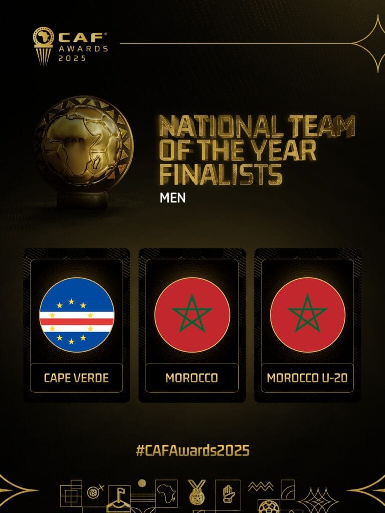 Graphic showing CAF Awards 2025 men’s National Team of the Year finalists: Cape Verde, Morocco and Morocco U-20