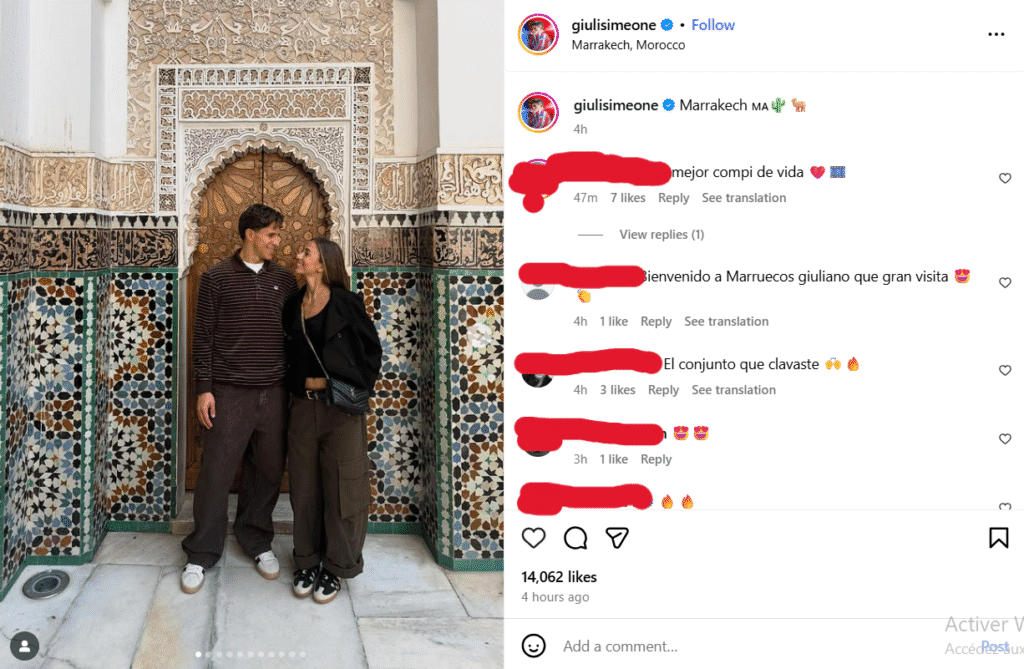 Giuliano Simeone’s Instagram post Showing him in a Moroccan riad during his visit to Marrakech.
