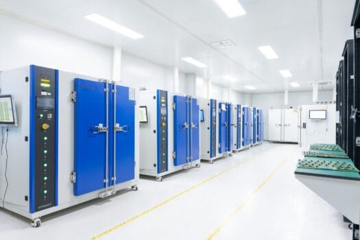 Row of blue-and-white industrial cabinets inside a bright, controlled technical room representing modern data-centre infrastructure.
