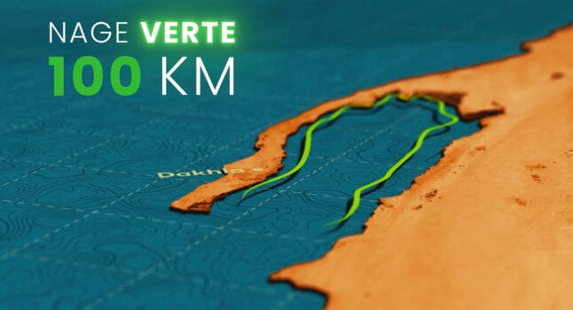 Map illustration showing the 100 km Nage Verte swim route across Dakhla Lagoon in southern Morocco for the Green March anniversary