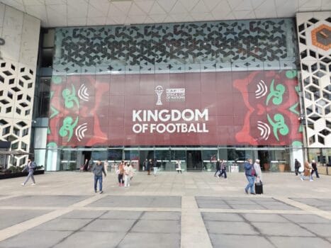 Rabat-Ville Train Station covered with “Kingdom of Football” AFCON 2025 banner.