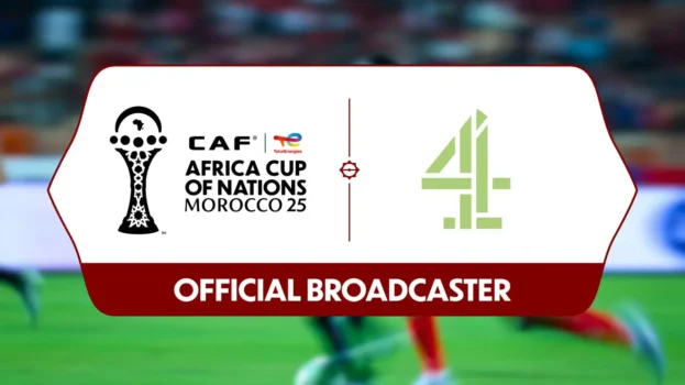 AFCON Morocco 2025 and Channel 4 logos displayed together, announcing Channel 4 as the official broadcaster.