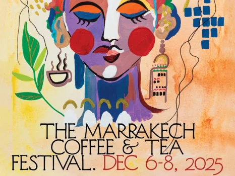 Colorful artistic poster for the Marrakech Coffee & Tea Festival 2025, featuring an illustrated face surrounded by coffee and tea motifs.