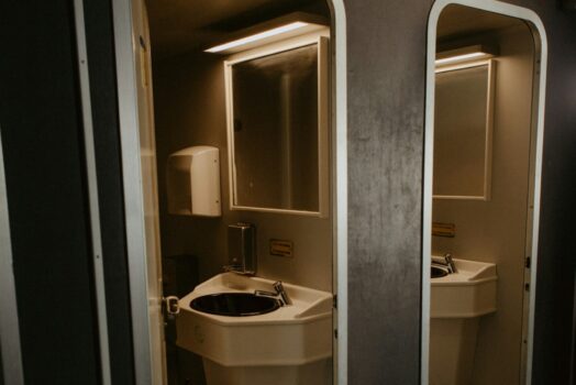 Interior of a modern automated public toilet unit installed in Rabat as part of urban upgrades ahead of AFCON 2025.