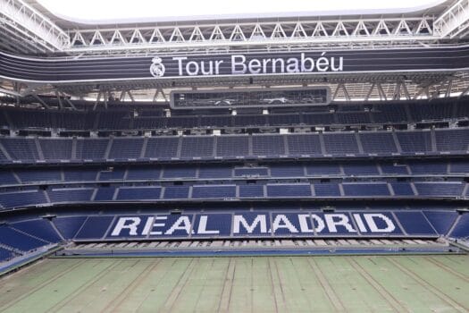 Interior view of Santiago Bernabéu Stadium, home of Real Madrid, highlighting the club’s modern infrastructure