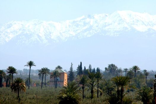 Snow-covered Atlas Mountains overlooking palm groves in Morocco during winter
