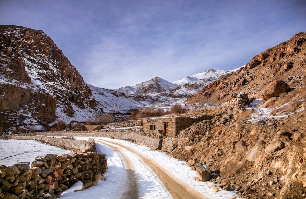 Winter road through a stone village in Morocco’s Atlas Mountains