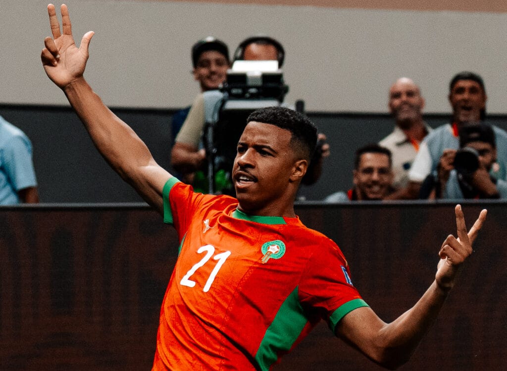 Hamza Igamane celebrating in Morocco’s kit during AFCON 2025