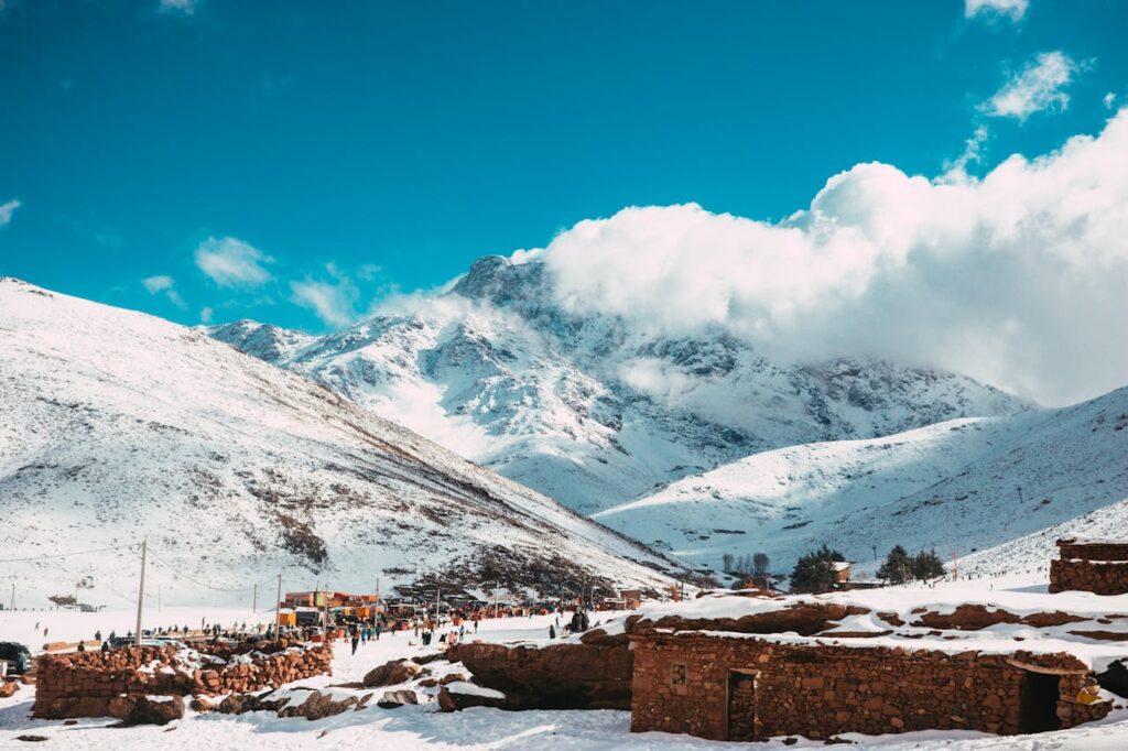 Snow-covered High Atlas Mountains in Morocco during winter