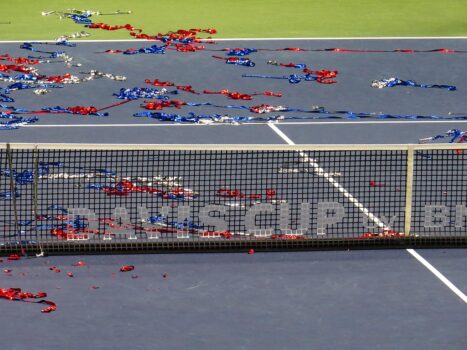 Tennis court after a Davis Cup match, showing ribbons and decorations following Morocco vs Colombia in Casablanca