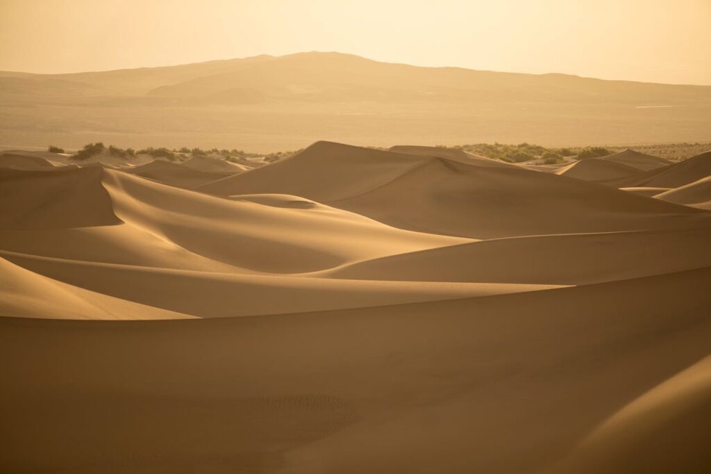 Golden sand dunes glowing at sunrise in the Merzouga desert, Morocco