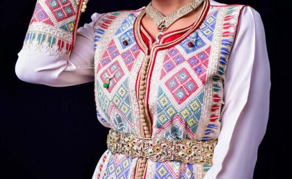 Moroccan woman wearing a traditional embroidered caftan with ornate belt and jewelry