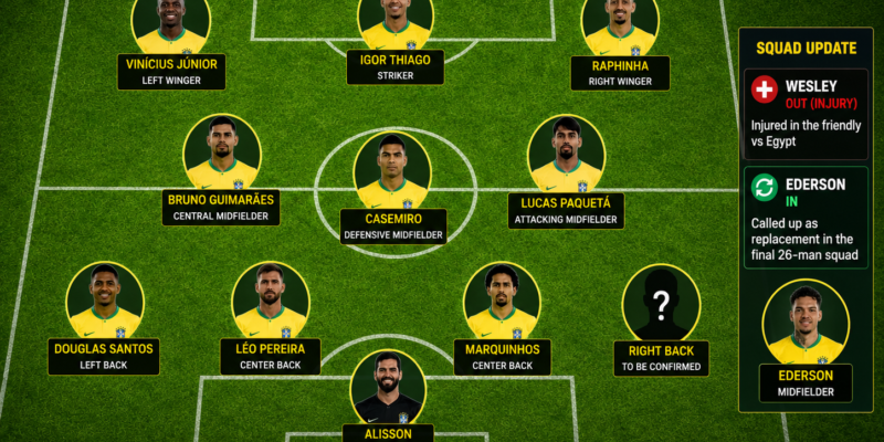 Brazil Lineup vs Morocco Updated: Wesley Out, Ederson Called Up for World Cup 2026